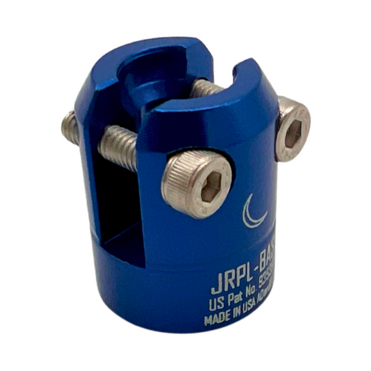 A blue metal base with silver screws, labeled 'JRPL-BASE' and 'US Pat No 9291416', indicating it is a part of the Pop Link System.
